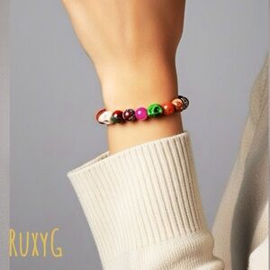 Multicolor Beaded Bracelet w/ Skulls and Stone